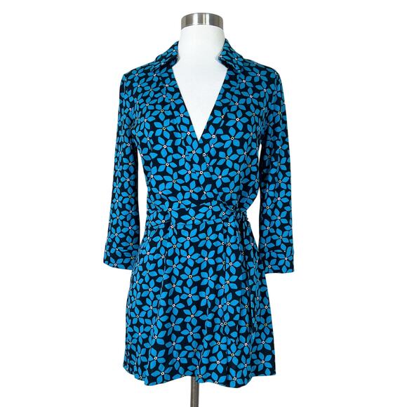 DVF | Celeste Floral Wrap Blue Black Cotton Silk Designer Romper No Size Tag EUC - Picture 2 of 10